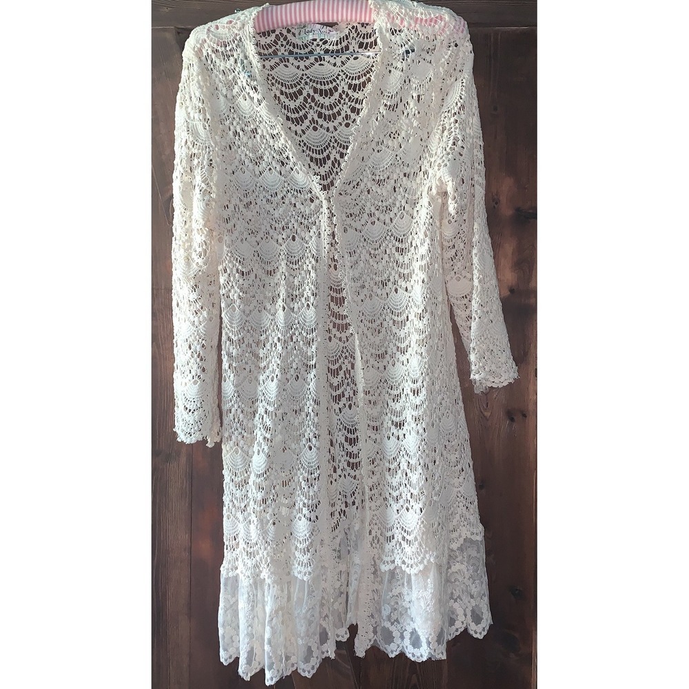 Lady Noie Top Coverup Crocheted Lace Hook Eye Closure Long Sleeve Cream Color